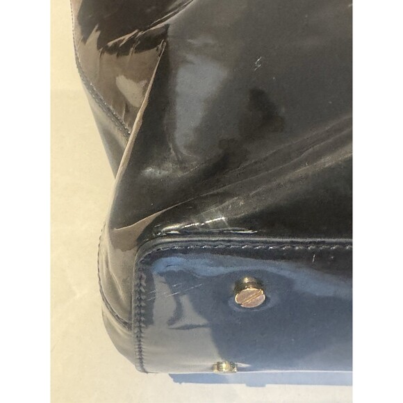 Auth. Tory Burch Bombe Tote Patent Leather Big Perforated Logo Navy Blue - Picture 10 of 10